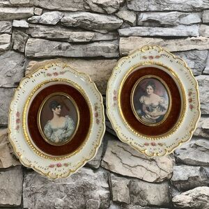 #03 Vintage Pair Cameo Creations Porcelain Frames Lady Portrait Prints Velvet
